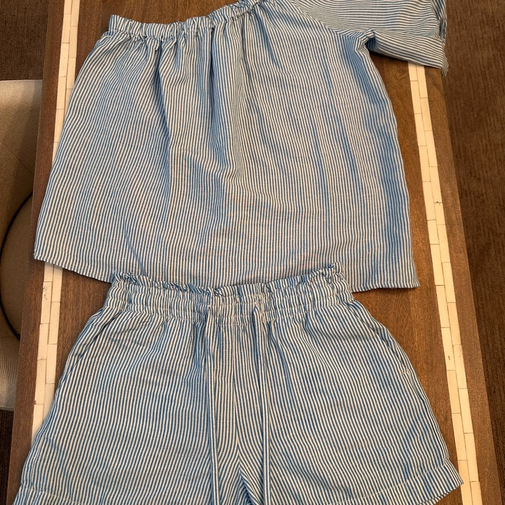 LOFT Linen Blend Blue Striped Two-Piece Set (XS Petite) - Picture 2 of 11